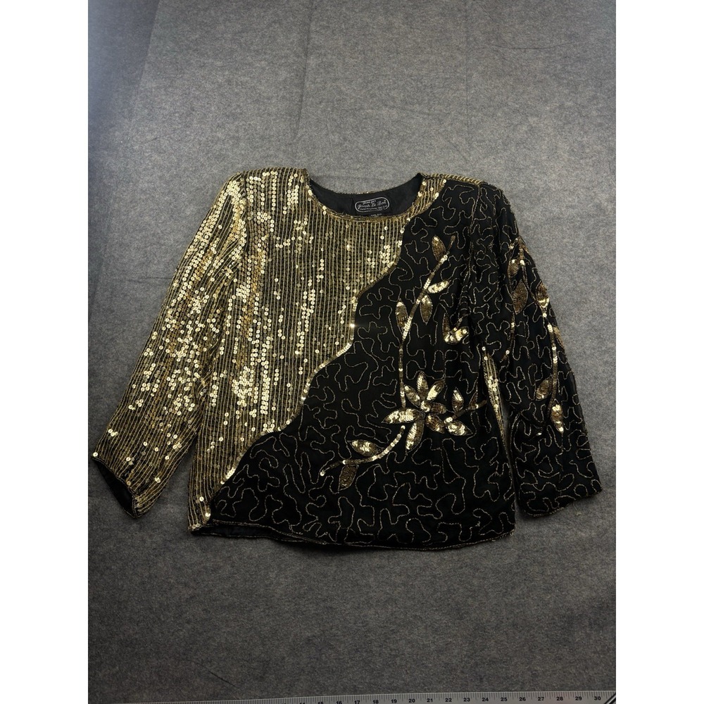 VTG Joseph Le Bon Women's S Black Sequin Beaded Silk Art To Wear Long Sleeve Top